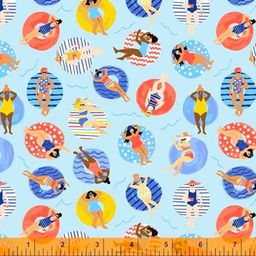 Bathing Beauties on Blue Cotton Fabric by Whistler Studios for Windham Fabrics